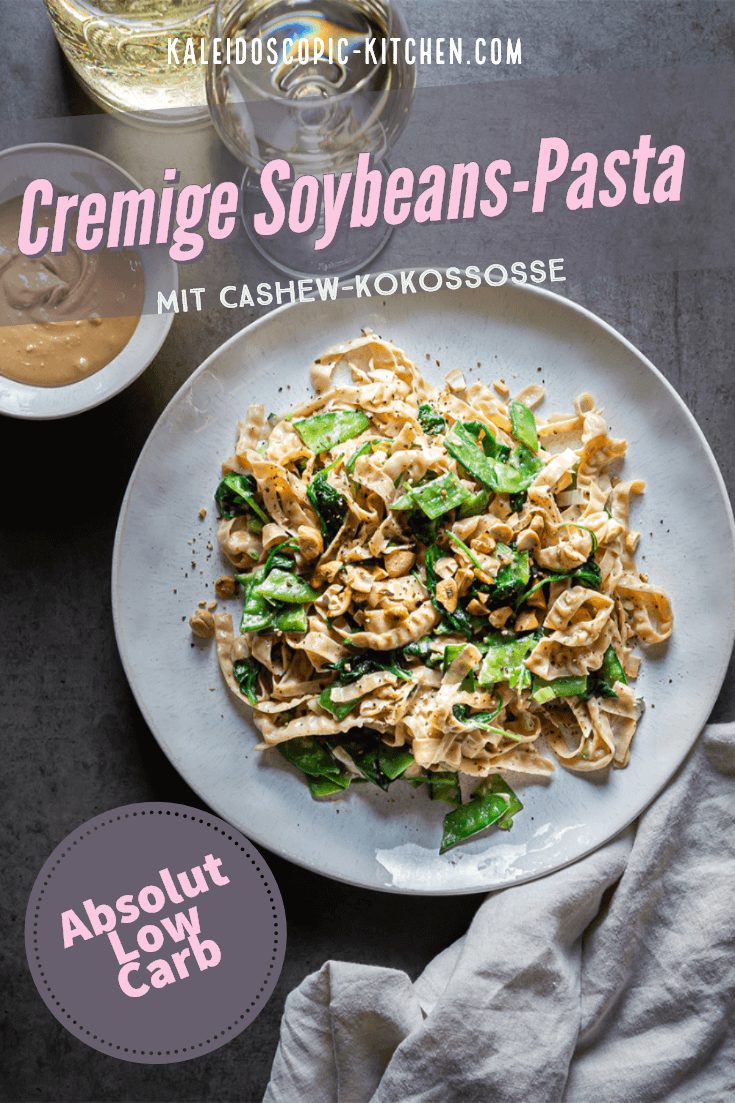 Cremige Soybean-Pasta mit Cashew-Kokossoße und Zuckerschoten